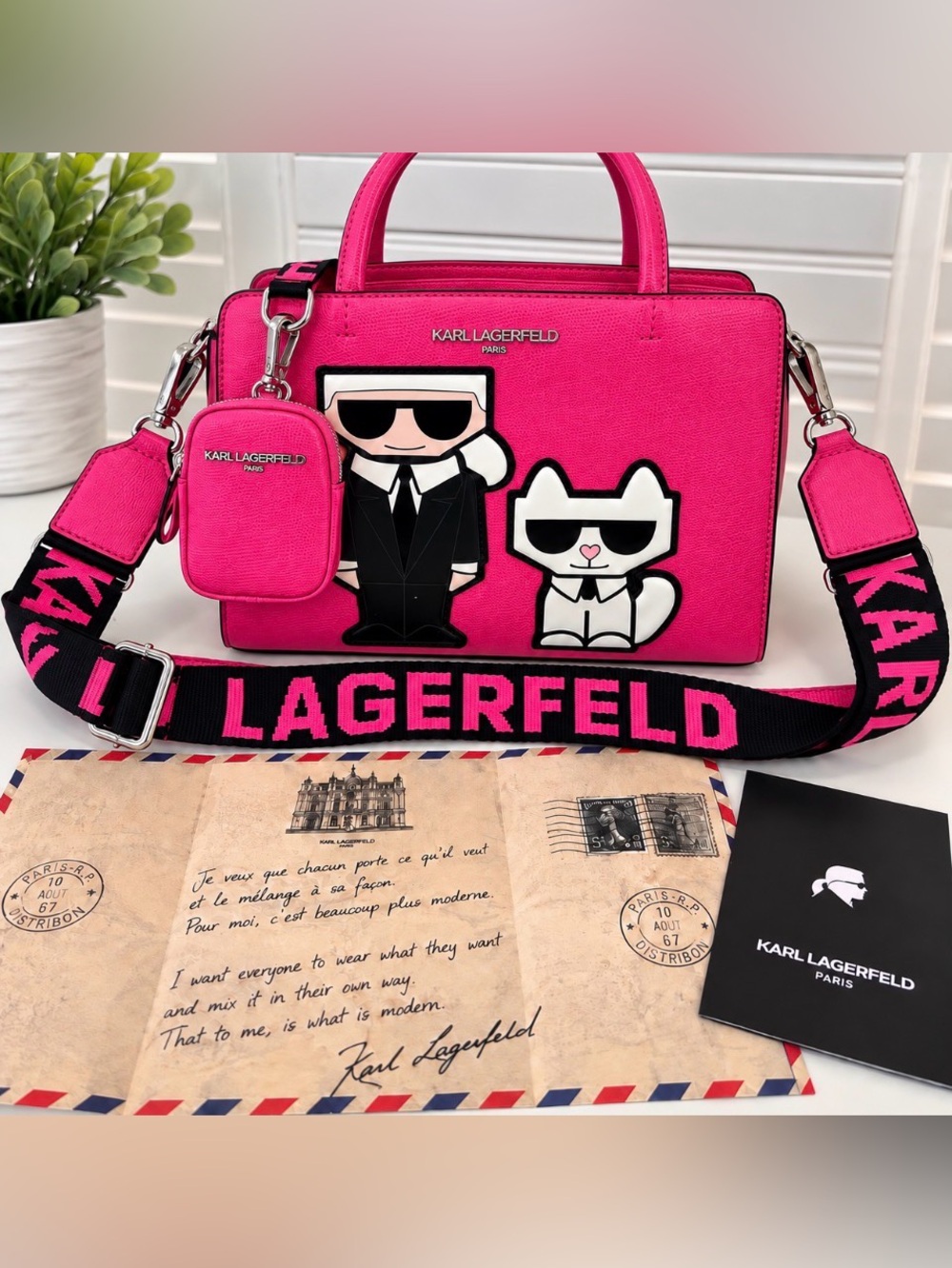 Karl Lagerfeld Hot Pink K/Icons Satchel with Logo Strap and matching mini